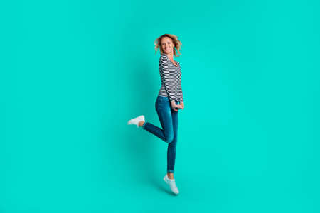 Full length body size portrait of nice shy adorable charming att