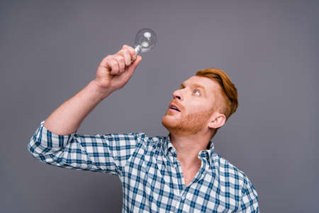 Portrait of nice focused concentrated funny handsome attractive