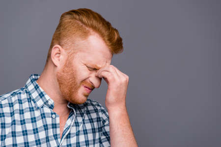 Profile side view portrait of sad tired bored unhealthy handsome