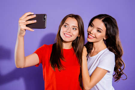 Portrait of two nice-looking winsome attractive adorable cheerful