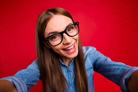 Self-portrait of nice childish attractive adorable cheerful