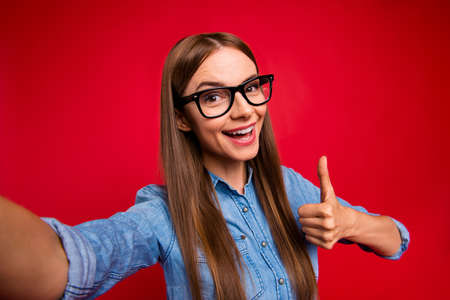 Self-portrait of nice smart clever attractive adorable cheerful