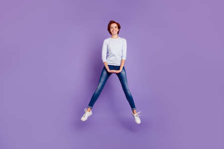 Close up full length size body portrait of jumping gladly