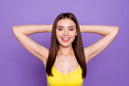 Close up portrait of charming lovely beautiful gorgeousの写真素材