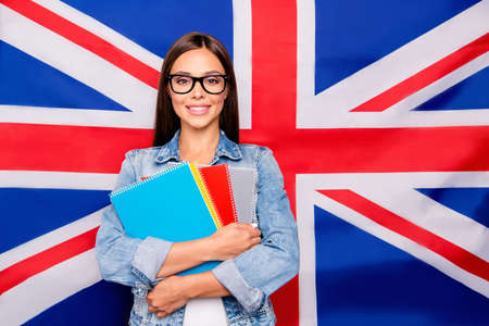 Portrait of cute sweet lovely confident smiling student lady