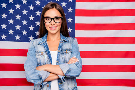 Portrait of cute sweet lovely confident smiling student ladyの写真素材