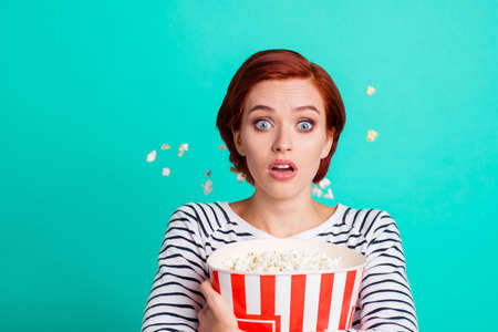 Unhappy sad upset stressed nervous she her lady student watching horror film hugging embracing big...
