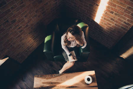 Top above high angle view of nice attractive elegant classy ladyの写真素材