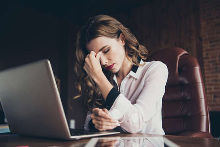 Profile side view portrait of nice attractive glamorous sad mind ladyの写真素材