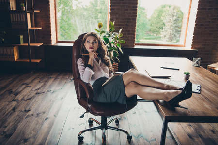 Profile side view of nice attractive charming lovely slim elegant ladyの写真素材