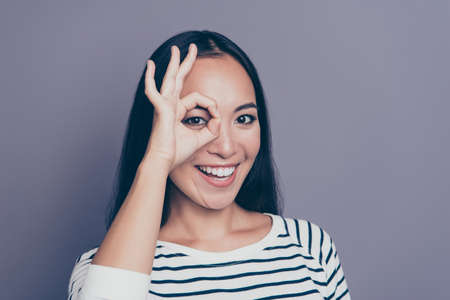 Close-up portrait of  nice cute attractive lovely positive ladyの写真素材