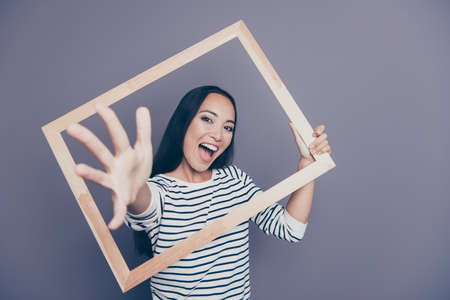 Close-up portrait of nice attractive funny cheerful cheery ladyの写真素材