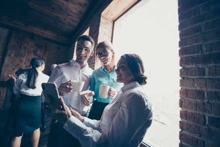 Close up photo of occupation people having rest drinking coffee