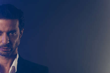 Cropped close-up half-faced portrait of nice chic classy elegant manの写真素材