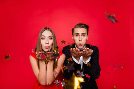 Portrait of two nice classy elegant attractive cheerful positive couple