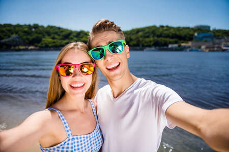 Video call from abroad free time romantic romance concept. Closeup photo portrait picture of...