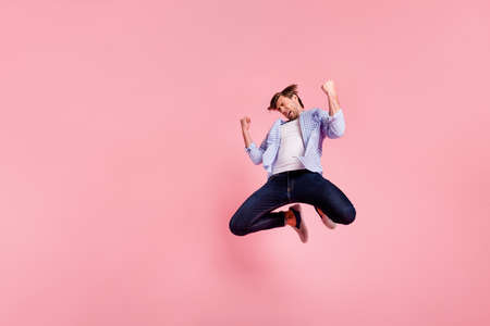 Full length body size photo of jumping high crazy he his him handsome oh no expression fall down...