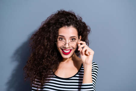 Closeup photo portrait of pretty charming attractive delightful rejoicing lovely dreamy graceful...