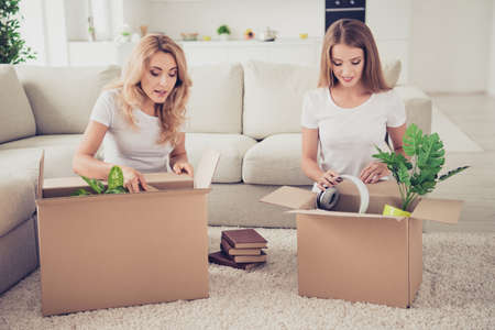 Two nice cute attractive lovely winsome charming blonde cheerful cheery ladies opening boxes with things new life mortgage relocation in light white interior room house indoorsの写真素材