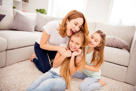 Portrait of nice cute crazy lovely attractive cheerful cheery positive funny blonde long hair people...