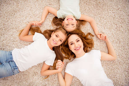 Top above high angle view portrait of nice cute lovely attractive cheerful cheery positive dreamy...