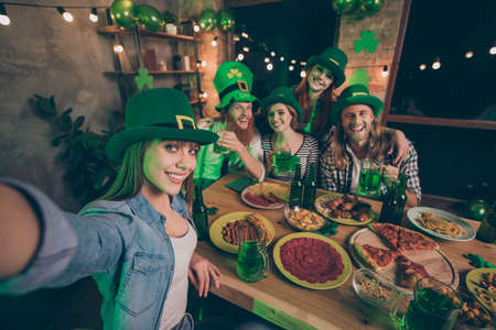 Self-portrait of nice attractive lovely charming adorable cheerful cheery glad positive group of people guys having fun brewery congratulations festive indoors pubの写真素材