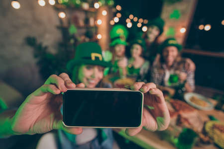 Close-up of screen lady making taking self-portrait of nice attractive lovely charming cheerful...