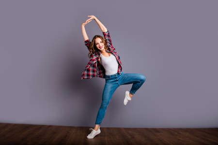 Full length size body view photo of fly high amazing attractive beautiful lady modern dance  on grey...