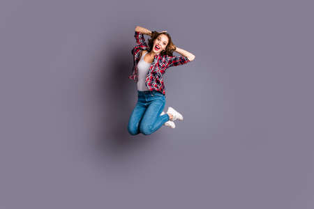Full length body size view portrait of her she nice cool shine look attractive adorable sporty lovely charming pretty cheerful cheery wavy-haired lady omg life isolated over gray backgroundの写真素材
