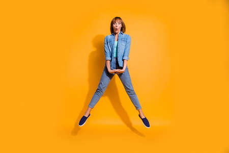 Full length body size photo jumping flight high amazing beautiful she her lady unexpected prices...
