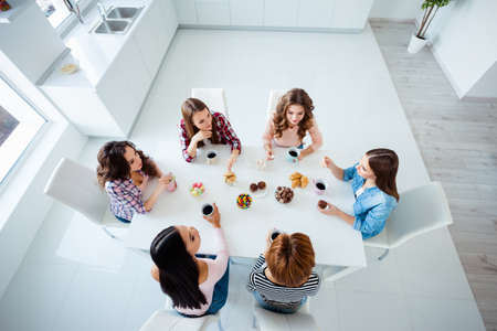 Close up top above high angle view photo beautiful she her ladies group best friends sit round big...