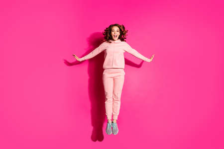 Full length body size photo jump high amazing she her lady hands arms flirty raised cute sweet...