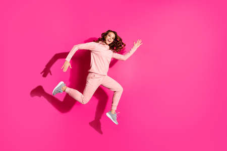 Full length body size photo jump high amazing she her lady hands arms help make electro dancing...