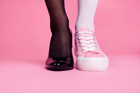 Cropped close-up view image concept photo of two different fit thin slim legs cozy comfort luxury...