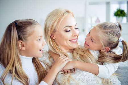 Close-up portrait of three nice cute lovely sweet charming attractive winsome cheerful cheery people...