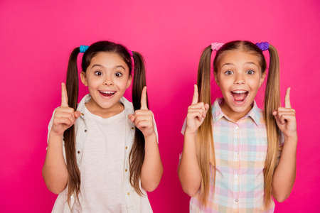 Close up photo two small little age she her girls wondered show up empty space point way direction fingers wearing casual jeans denim checkered plaid shirts isolated rose vibrant vivid backgroundの写真素材