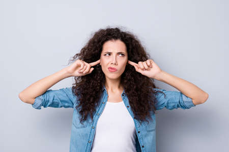 Close up photo amazing beautiful her she lady hands arms shut hide ears terrible pain ignore yelling...