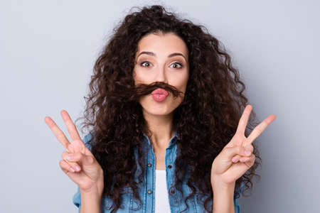 Close up photo amazing attractive glad her she lady overjoyed curl make whisker act like man guy he...