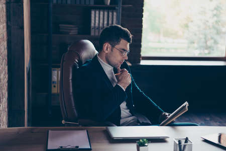 Portrait of nice handsome imposing stylish trendy serious business shark guy journalist scientist...