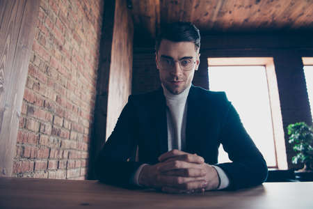 Portrait of his he nice handsome confident content stylish trendy classy guy it consulting company...