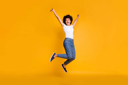 Full length body size side profile photo jumping high beautiful she her lady hands arms up win game...