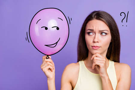 Close-up portrait of her she nice attractive petty cute lady  holding drawn ball touching chin...