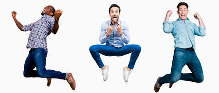 Full length body size portrait cool attractive cheerful he him his guys flying mixed together one stylized illustration sport life club advertisement placard idea concept isolated white backgroundの写真素材