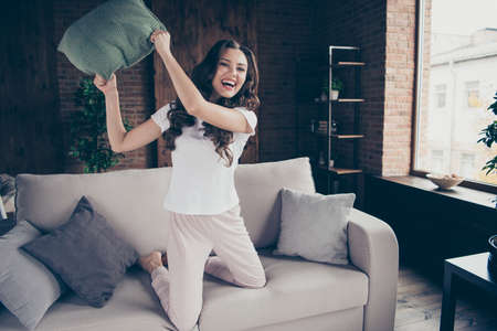 Close up portrait lovely beautiful brunette she her lady fighting pillow romantic mood want play with husband saturday morning wearing domestic light color clothes outfit sit comfy divanの写真素材