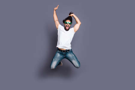 Full length body size view portrait of his he nice cool crazy careless carefree attractive cheerful...
