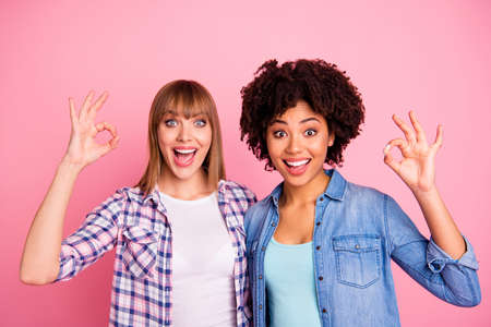 Close up photo two cheer diversity she her ladies different race advising buy buyer approving new product okey symbol wear casual jeans denim checkered shirt clothes outfit isolated pink background.の写真素材
