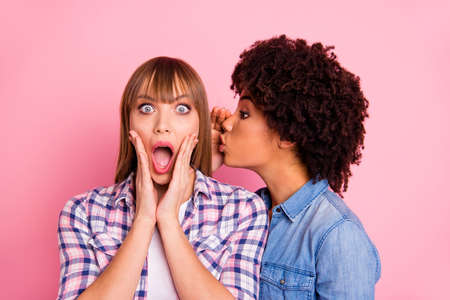 Close-up portrait of her she two person nice lovely attractive charming stunned girls wearing casual sharing rumour conspiracy information isolated over pink pastel backgroundの写真素材
