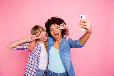 Portrait of her she two person nice cute friendly attractive charming cheerful girls wearing casual...