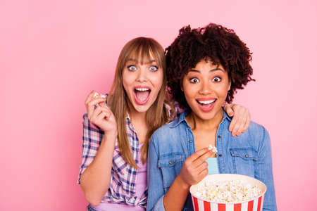 Close-up portrait of two person nice cute lovely attractive charming cheerful addicted girls in checkered shirt enjoying video having fun isolated over pink pastel backgroundの写真素材