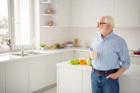 Close up side profile portrait grey haired he his him grandpa hot beverage hand arm look window ponder pensive imagination flight wear specs casual checkered plaid shirt jeans denim outfit light roomの写真素材